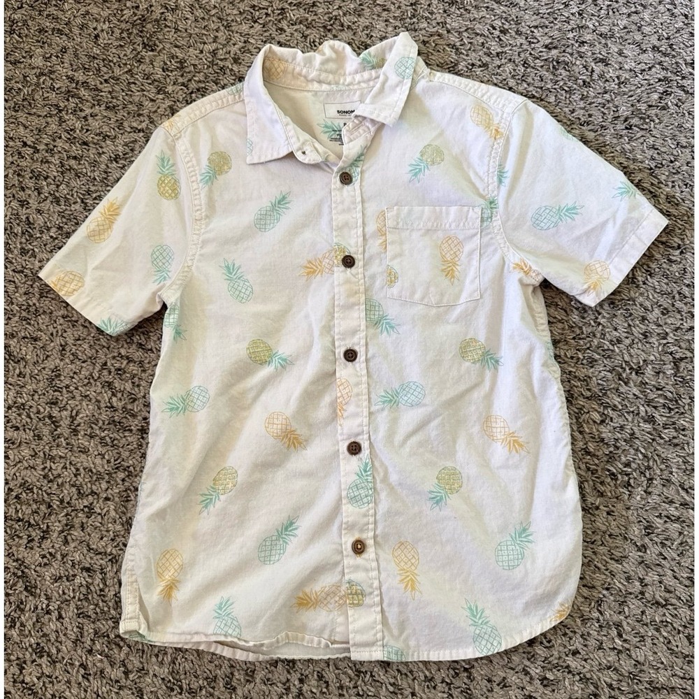 Sonoma Boys Cream‎ Pineapple Button Down Short Sleeve Shirt Size 8